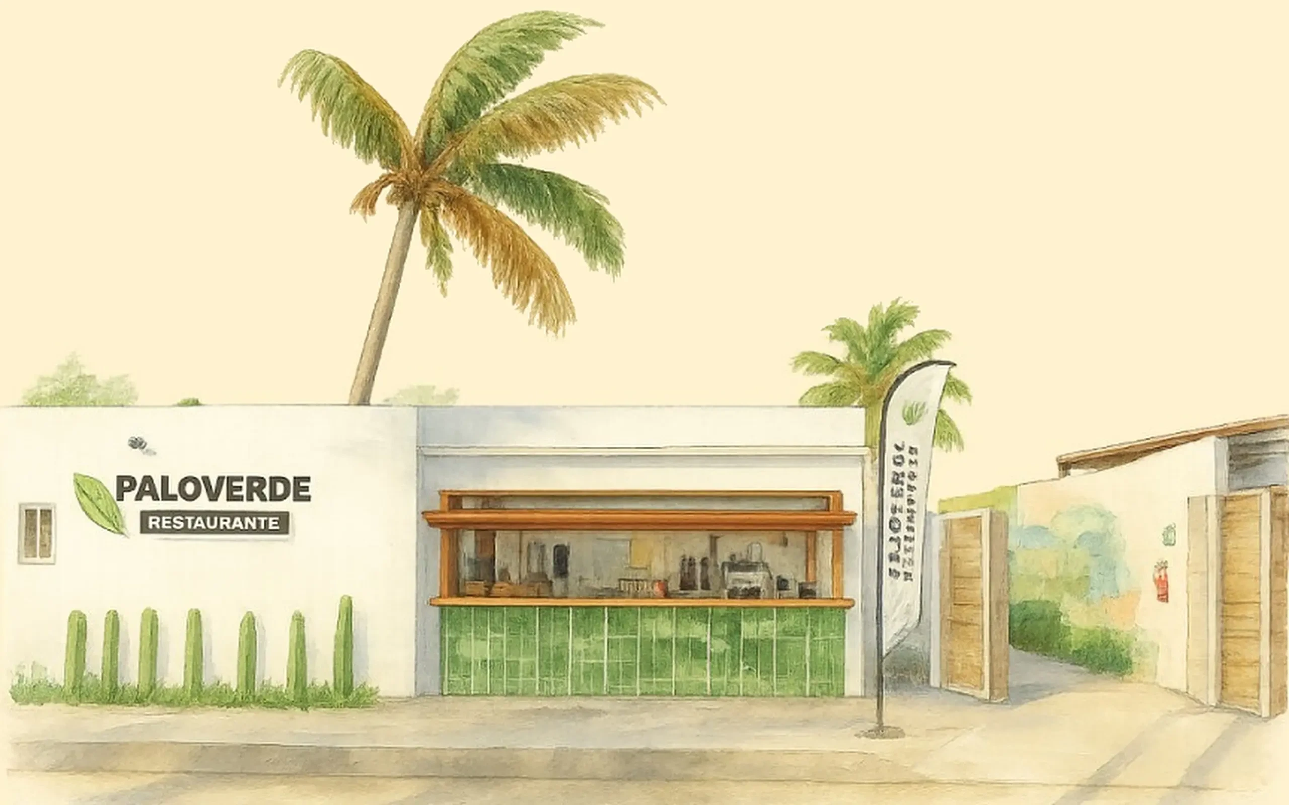 Watercolor illustration of the Palo Verde Restaurant facade in Cabo San Lucas
